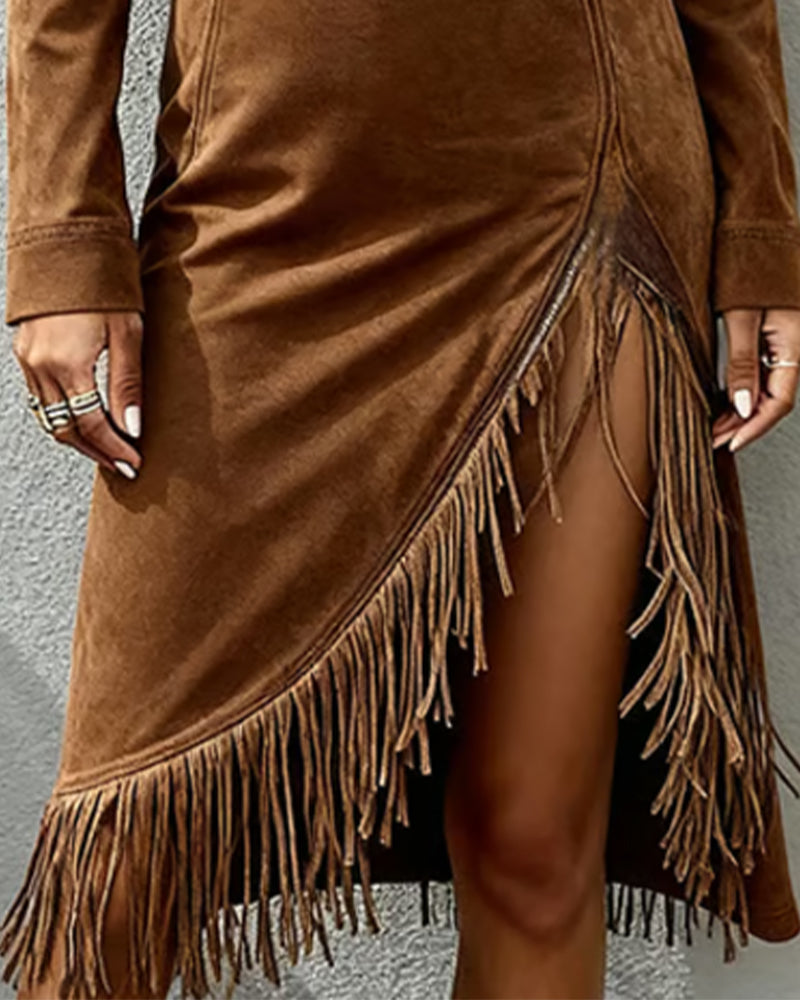 Half-Zip Dress with Irregular Tassel Detail