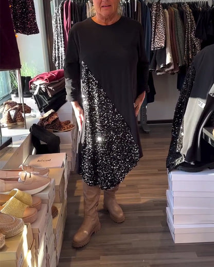 Sequin-Embellished Crew Neck Dress