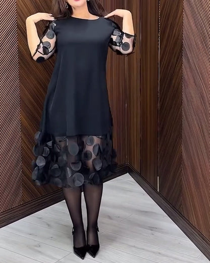 Chic Round Neck Dress with Mesh Stitching