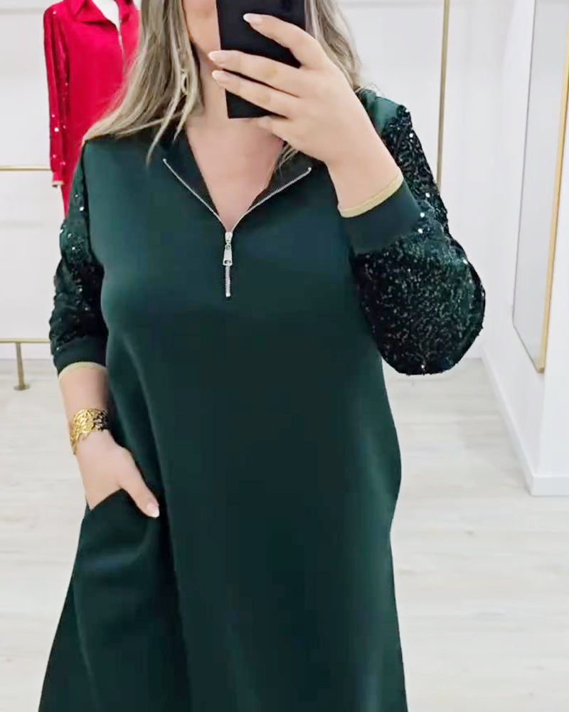 Sequin Patchwork Hooded Zip Dress